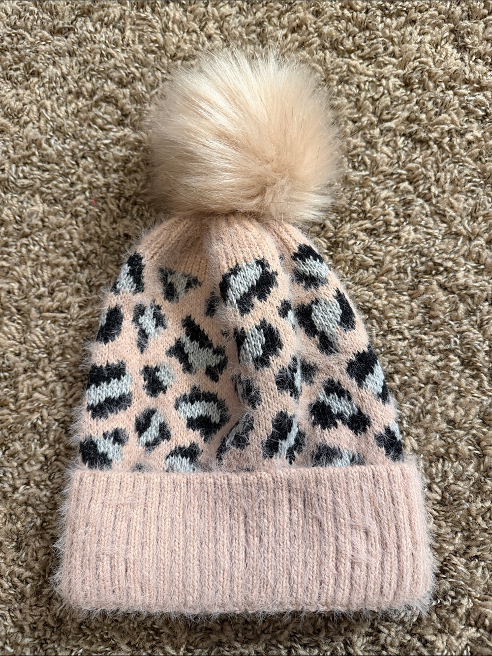 Source Unknown Blush Pink Leopard Pom Pom Beanie